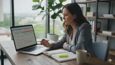 A business owner performing a strategic QuickBooks P&L interpretation on a laptop.